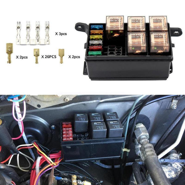 Planet Gates Universal DC 12V Car Marine Boat 6-Way Relay+ 6-Slot ATO/ATC Blade Fuse Holder Box Block Car Auto Replacement Parts Fuses