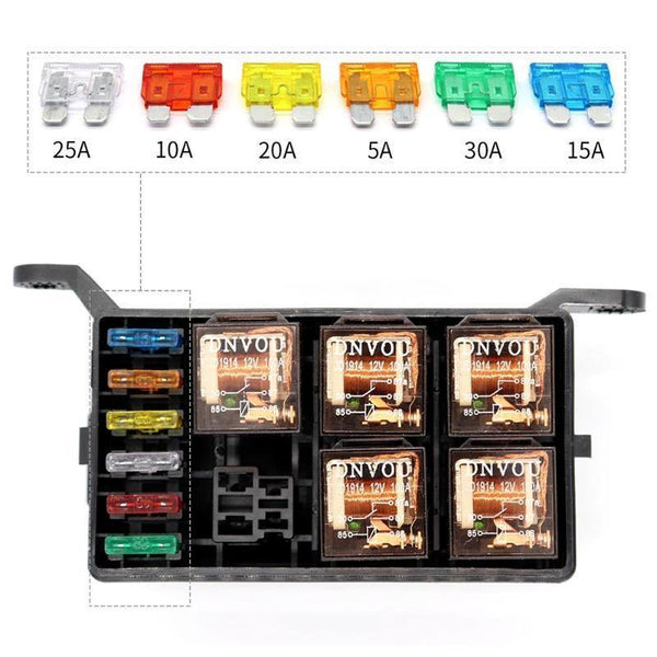 Planet Gates Universal DC 12V Car Marine Boat 6-Way Relay+ 6-Slot ATO/ATC Blade Fuse Holder Box Block Car Auto Replacement Parts Fuses