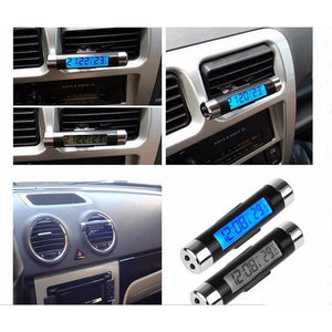 Planet Gates Universal Plastic Fiber Car Interior Air Outlet Thermometer Electronic Clock 2 in 1 LED Digital Display Blue Backlight 8cm*1.5cm