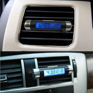 Planet Gates Universal Plastic Fiber Car Interior Air Outlet Thermometer Electronic Clock 2 in 1 LED Digital Display Blue Backlight 8cm*1.5cm