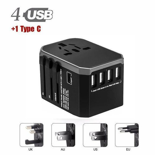 Planet Gates Universal Plug / Grey Travel adapter UK AU EU US 4in1 International Charge Adapter USB Type-C Charger Mobile Phone Cell Phone Universal adapt