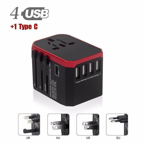 Planet Gates Universal Plug / Red Travel adapter UK AU EU US 4in1 International Charge Adapter USB Type-C Charger Mobile Phone Cell Phone Universal adapt