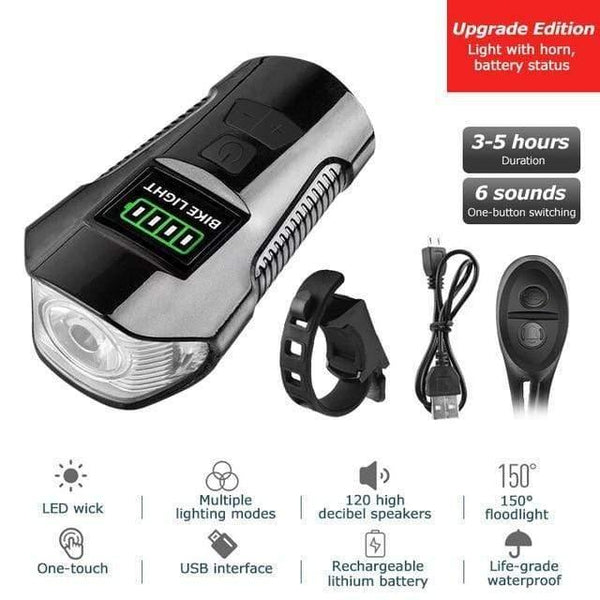 Planet Gates Upgrade Edition BLK Waterproof Bicycle Light USB Charging Bike Front Light Flashlight Handlebar Cycling Head Light w/ Horn Speed Meter LCD Screen