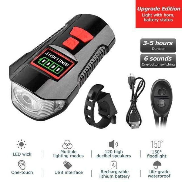 Planet Gates Upgrade Edition Red Waterproof Bicycle Light USB Charging Bike Front Light Flashlight Handlebar Cycling Head Light w/ Horn Speed Meter LCD Screen