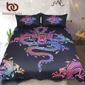 Planet Gates US Twin Bedding  Dragon Bedding Set King Colorful Printed Boys Duvet Cover Black Home Textiles Lucky Microfiber Bedclothes 3-Piece
