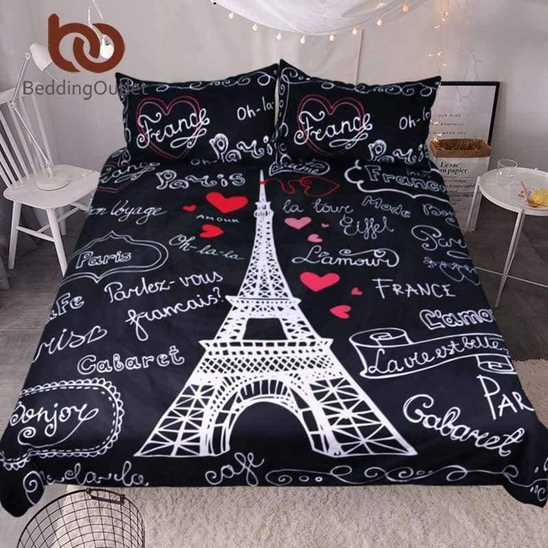 Planet Gates US Twin Bedding France Paris Tower Bedding Set Black and White Bed Set Romantic Letters Heart Print Quilt Cover Soft Home Textiles