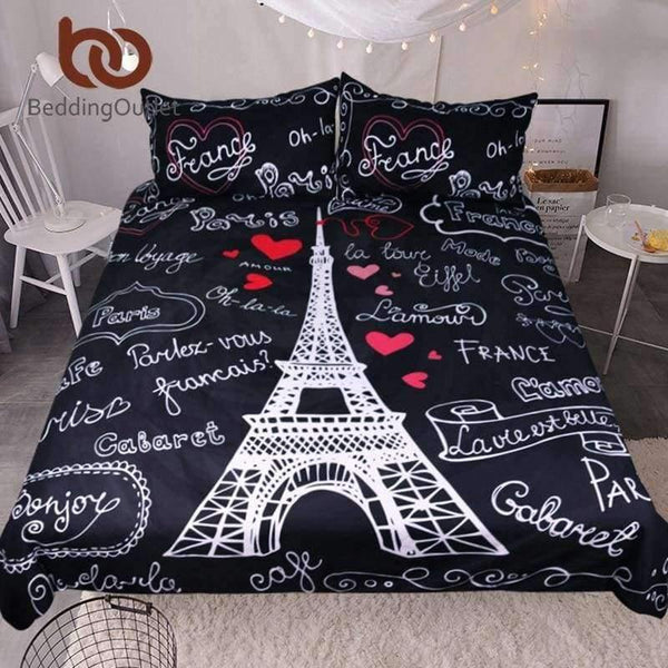Planet Gates US Twin Bedding France Paris Tower Bedding Set Black and White Bed Set Romantic Letters Heart Print Quilt Cover Soft Home Textiles