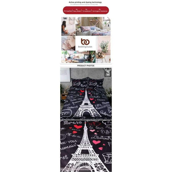 Planet Gates US Twin Bedding France Paris Tower Bedding Set Black and White Bed Set Romantic Letters Heart Print Quilt Cover Soft Home Textiles