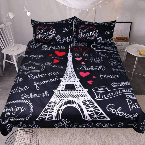 Planet Gates US Twin Bedding France Paris Tower Bedding Set Black and White Bed Set Romantic Letters Heart Print Quilt Cover Soft Home Textiles