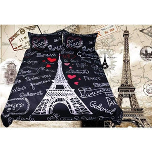 Planet Gates US Twin Bedding France Paris Tower Bedding Set Black and White Bed Set Romantic Letters Heart Print Quilt Cover Soft Home Textiles