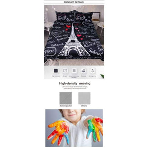 Planet Gates US Twin Bedding France Paris Tower Bedding Set Black and White Bed Set Romantic Letters Heart Print Quilt Cover Soft Home Textiles