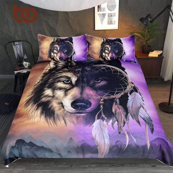 Planet Gates US Twin Bedding  Wolf Bedding Set With Dreamcatcher Duvet Cover 3D Mountains Scenery Home Textiles Purple Brown 3-Piece Bedclothes