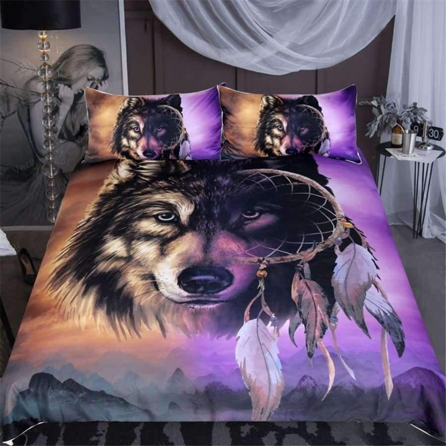 Planet Gates US Twin Bedding  Wolf Bedding Set With Dreamcatcher Duvet Cover 3D Mountains Scenery Home Textiles Purple Brown 3-Piece Bedclothes