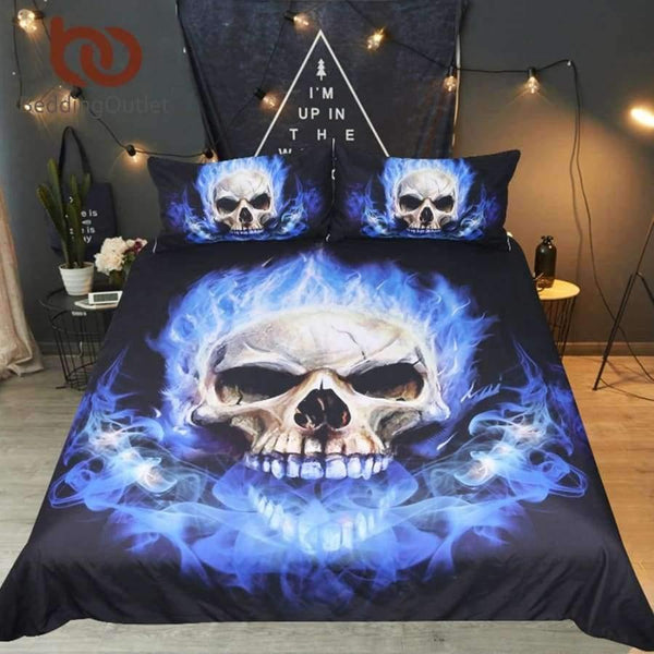 Planet Gates US Twin / China Bedding  Flame Skull Bedding Set King 3D Print Gothic Duvet Cover Blue Fire Bedclothes 3pcs Fashion Home Textiles For Boys