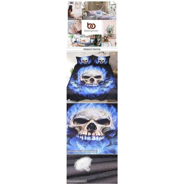 Planet Gates US Twin / China Bedding  Flame Skull Bedding Set King 3D Print Gothic Duvet Cover Blue Fire Bedclothes 3pcs Fashion Home Textiles For Boys