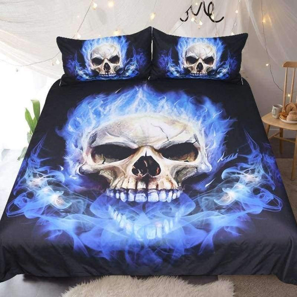 Planet Gates US Twin / China Bedding  Flame Skull Bedding Set King 3D Print Gothic Duvet Cover Blue Fire Bedclothes 3pcs Fashion Home Textiles For Boys