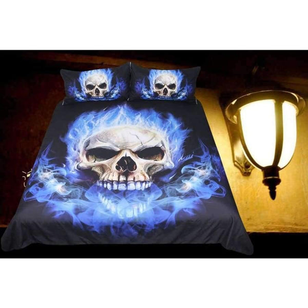 Planet Gates US Twin / China Bedding  Flame Skull Bedding Set King 3D Print Gothic Duvet Cover Blue Fire Bedclothes 3pcs Fashion Home Textiles For Boys