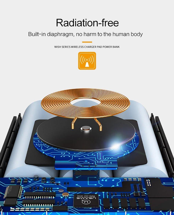 Planet Gates USAMS 5V 2A 2 USB Ports 8000mah QI Wireless Charger 5W Pad Power Bank Built-in Wireless Charging Universal Power Bank