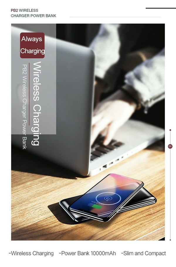 Planet Gates USAMS 5V 2A PB2 Type C Micro&2 USB Ports 10000mah Power Bank Qi Wireless Charger LED Display Powerbank Wireless External Battery