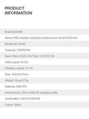 Planet Gates USAMS 5V 2A PB2 Type C Micro&2 USB Ports 10000mah Power Bank Qi Wireless Charger LED Display Powerbank Wireless External Battery