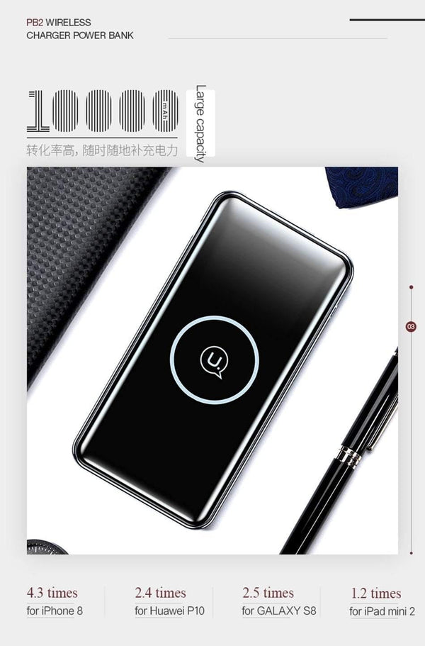 Planet Gates USAMS 5V 2A PB2 Type C Micro&2 USB Ports 10000mah Power Bank Qi Wireless Charger LED Display Powerbank Wireless External Battery