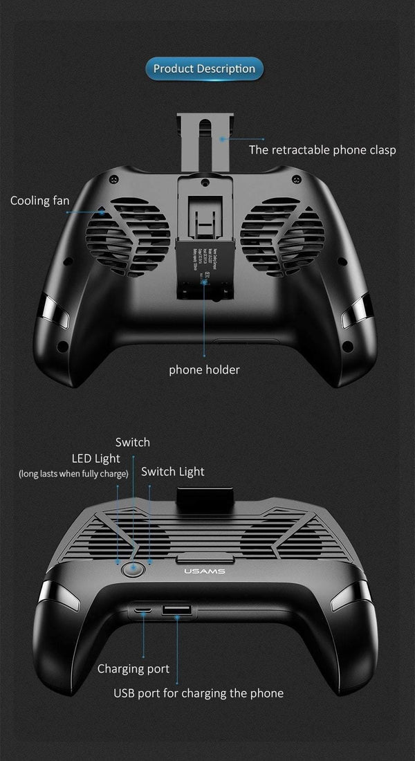 Planet Gates USAMS Mobile Phone Game Cooling Handle Phone Holder Dual Fans Phone Game Heatsink Charging Power Bank Noise reduction Game Pad