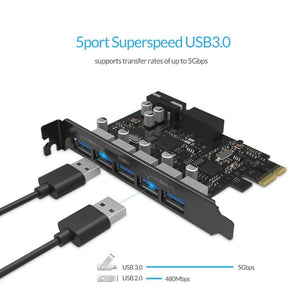 Planet Gates USB 3.0 PCI-E Expansion Card 5 Ports Hub Adapter External Controller Express Card with 4-pin Power Connector Cord