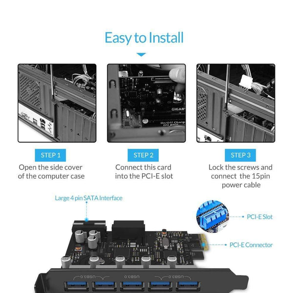Planet Gates USB 3.0 PCI-E Expansion Card 5 Ports Hub Adapter External Controller Express Card with 4-pin Power Connector Cord