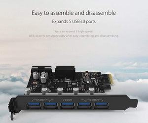 Planet Gates USB 3.0 PCI-E Expansion Card 5 Ports Hub Adapter External Controller Express Card with 4-pin Power Connector Cord