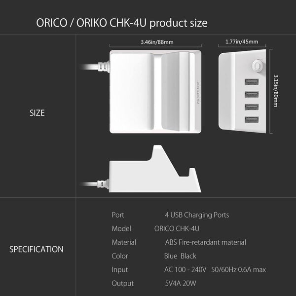 Planet Gates USB Charger Holder ORICO 4 Ports Desktop Smart Charger with Phone / Tablet Mount for Samsung iphone Power Bank - (CHK-4U)