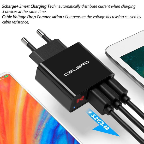 Planet Gates Usb Wall Charger 3 Port 3.4a Led Display Universal Travel Charger Adapter For Mobile Phone Iphone Xiaomi Ipad Us Eu Plug