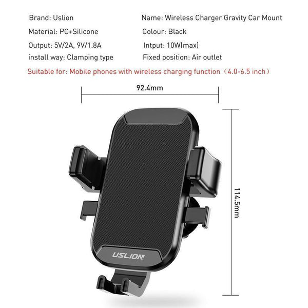 Planet Gates USLION Car Holder Qi Wireless Charger For iPhone 7 8 XS MAX XR 10W Fast Wireless Charging Car Phone Holder For Samsung Note 9 S9