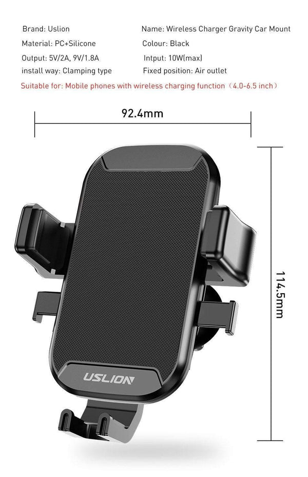 Planet Gates USLION Car Holder Qi Wireless Charger For iPhone 7 8 XS MAX XR 10W Fast Wireless Charging Car Phone Holder For Samsung Note 9 S9
