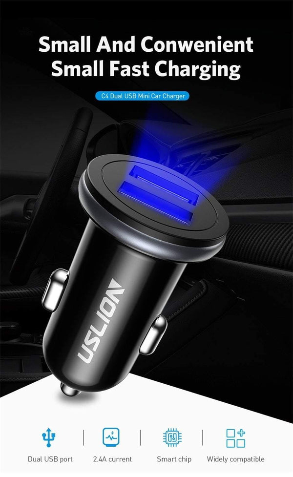 Planet Gates USLION Dual USB Car Charger Mini Car Phone Charger 2.4A Charging 2 USB Port Car-Charger for iPhone XS MAX XR X 8 Samsung Xiaomi