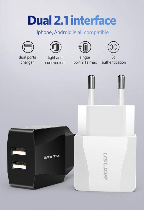 Planet Gates USLION Dual USB Charger Mobile Phone EU Charger Plug Adapter Wall charger cable for iPhone iPad Samsung Xiaomi 2A Fast Charging