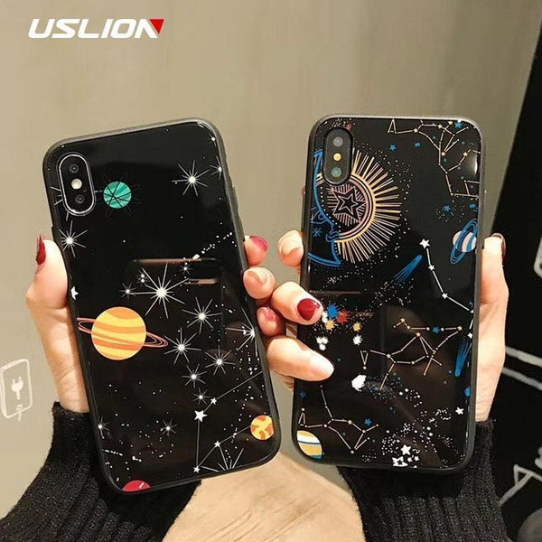 Planet Gates USLION Glossy Space Planet Stars Phone Case For iPhone X XR XS Max Glass Hard Back Cover For iPhone 8 7 6 6s Plus Cases Coque