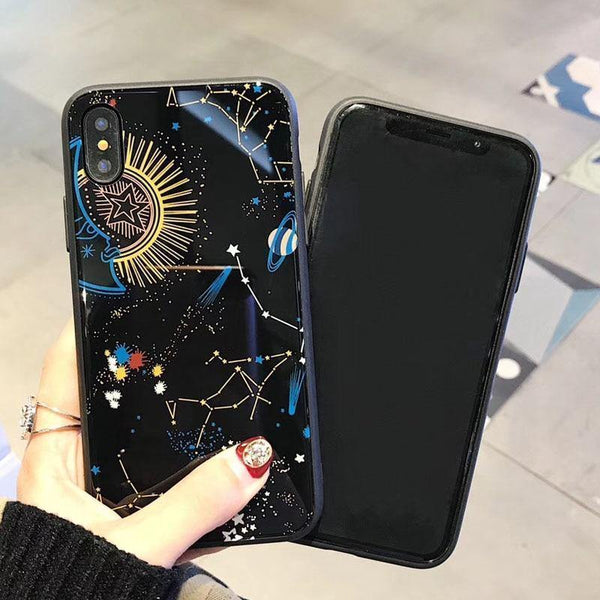 Planet Gates USLION Glossy Space Planet Stars Phone Case For iPhone X XR XS Max Glass Hard Back Cover For iPhone 8 7 6 6s Plus Cases Coque