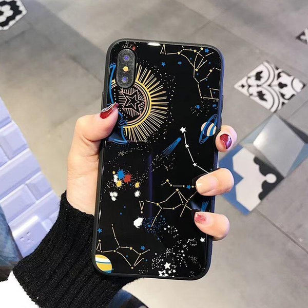 Planet Gates USLION Glossy Space Planet Stars Phone Case For iPhone X XR XS Max Glass Hard Back Cover For iPhone 8 7 6 6s Plus Cases Coque