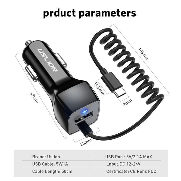 Planet Gates USLION USB Car Charger For Samsung S9 Note 9 2.1A Phone Car-Charger With Micro Type C Cable For Xiaomi Huawei Adapter Cable