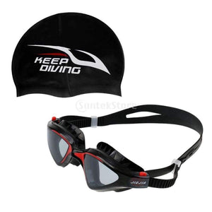 Planet Gates UV Protection Anti-fog Silicone Swimming Goggles & Durable Flexible Elastic Swim Cap - Black