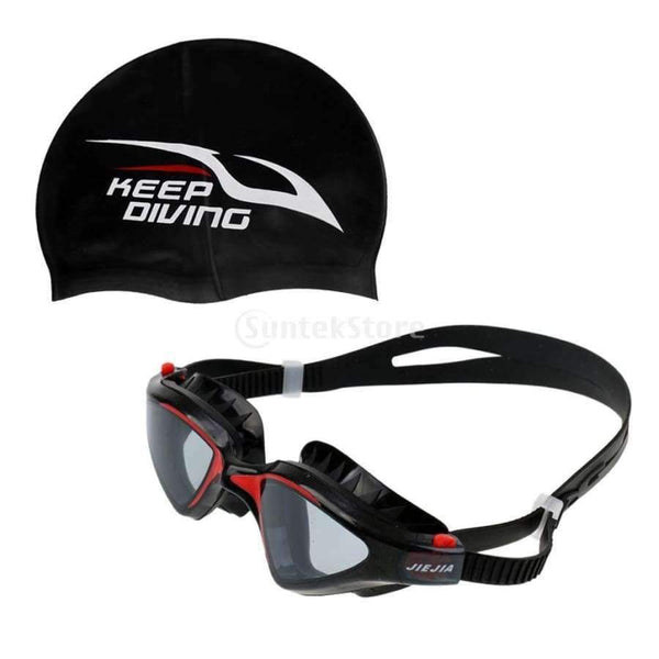 Planet Gates UV Protection Anti-fog Silicone Swimming Goggles & Durable Flexible Elastic Swim Cap - Black