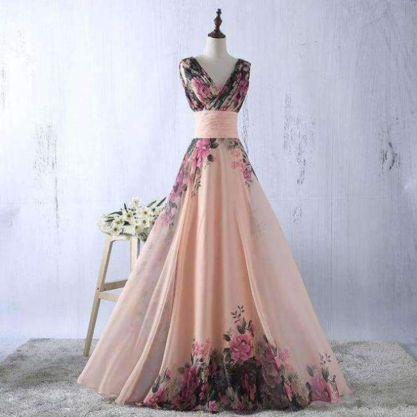 Planet Gates V neck / 10 Flower Pattern Chiffon Bridesmaid Dress Floral Print Wedding Party Dresses 2018