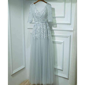 Planet Gates V-neck Evening Dress Robe De Soiree 2018 High Quality Grey Tulle With Applique Evening Dresses Real Photo Vestido De Festa