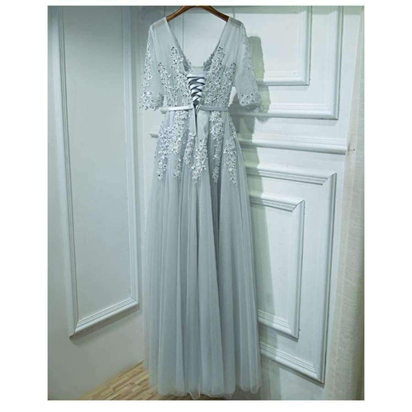 Planet Gates V-neck Evening Dress Robe De Soiree 2018 High Quality Grey Tulle With Applique Evening Dresses Real Photo Vestido De Festa