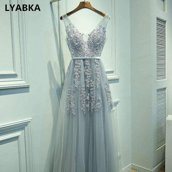 Planet Gates V-neck Evening Dress Robe De Soiree 2018 High Quality Grey Tulle With Applique Evening Dresses Real Photo Vestido De Festa