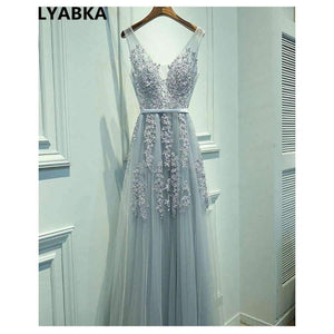 Planet Gates V-neck Evening Dress Robe De Soiree 2018 High Quality Grey Tulle With Applique Evening Dresses Real Photo Vestido De Festa