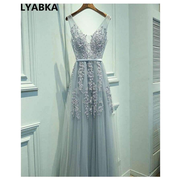 Planet Gates V-neck Evening Dress Robe De Soiree 2018 High Quality Grey Tulle With Applique Evening Dresses Real Photo Vestido De Festa