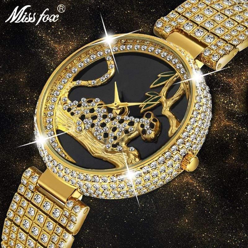 Planet Gates V278-1 Women Luxury Brand Style  Fashion Black Leopard Gold Watch Diamond Womens Watches Top Brand Female Wrist Watch