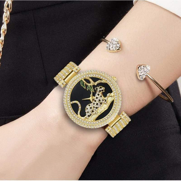 Planet Gates V278-1 Women Luxury Brand Style  Fashion Black Leopard Gold Watch Diamond Womens Watches Top Brand Female Wrist Watch