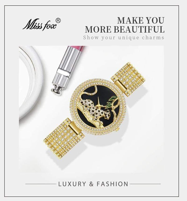 Planet Gates V278-1 Women Luxury Brand Style  Fashion Black Leopard Gold Watch Diamond Womens Watches Top Brand Female Wrist Watch